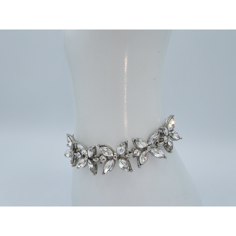 Floral Rhinestone Silvertone Bridal Bracelet - Adjustable Sliding Knot